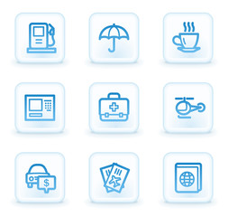 Travel web icons set 4, white square buttons