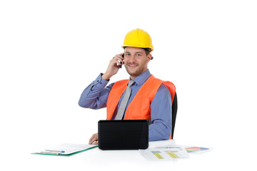 Successful attractive caucasian man architect, talking