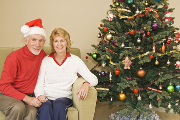 Happy elderly couple by Christmas tree