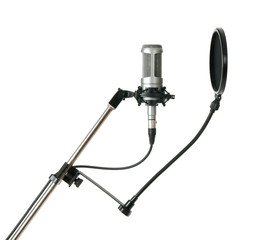 Studio microphone with pop filter isolated on white