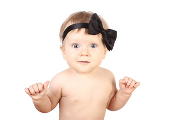 surprise child with bow on white background
