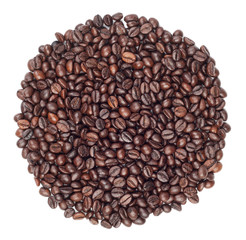 Circle made with coffee beans isolated on white