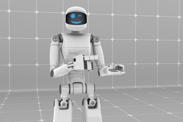 White robot holding and pointing something. Happy winking face