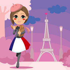 Cute girl walking with a bag of bread and croissant in Paris