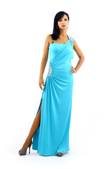 Young sexy woman in stylish blue dress isolated