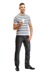 Fototapeta premium young handsome man hold a blank businesscard