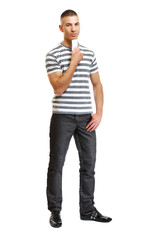 Fototapeta premium young handsome man holding a white businesscard