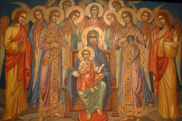 Virgin Mary with baby Jesus and choir of angels