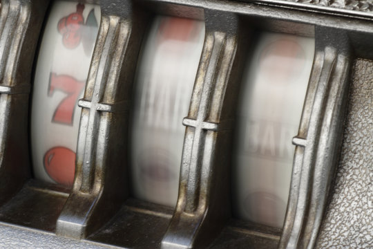 Close-up of an antique jackpot machine in motion