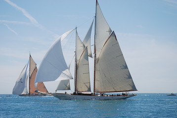 classic wood sail yacht in regatta - obrazy, fototapety, plakaty