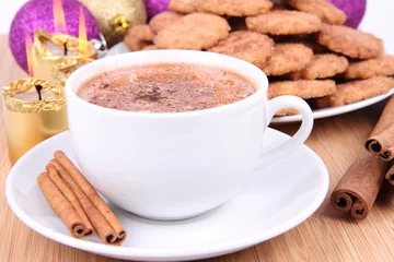 Fotobehang Cup of hot cocoa, cinnamon cookies and christmas decoration © teine