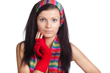 young beautiful girl with red mitten and neckerchief