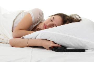 Woman sleep with a revolver