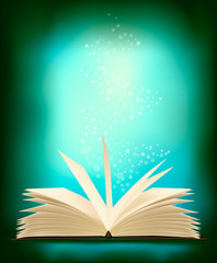 Opened magic book with magic light. vector illustration.