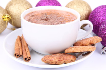 Cup of hot cocoa, cinnamon cookies and christmas decoration