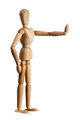 Wooden mannequin showing stop sign with its hand isolated
