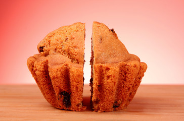 Sliced Muffin on red background