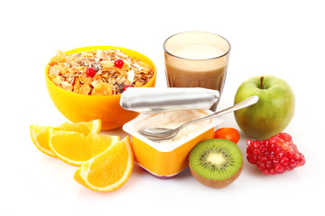 Obraz na płótnie Canvas Yoghurt, muesli, milk and fruits isolated on white