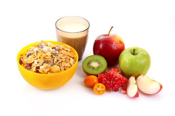 Fruits, muesli and milk isolated on white