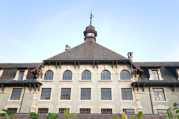 Imposing Old Gothic School in Geneva Switzerland Wide Angle Lens