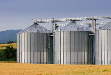 Grain store in wheatfield with hills in background - obrazy, fototapety, plakaty