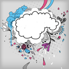 vector frame with  hand drawn flowers and clouds
