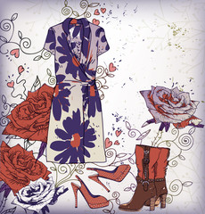 vector background with    a  summer dress, shoes and roses - 28293293