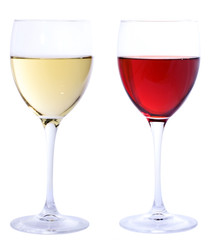 Red and white wine glasses isolated on white background