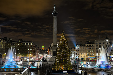 Trafalgar Square, London, England, UK, at night in winter