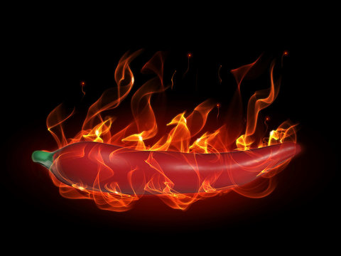 Hot chili pepper in fire and flame