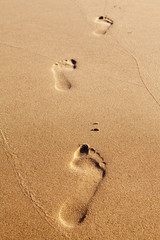 Fototapeta na wymiar Trzy ludzkie ślady na piasku na plaży