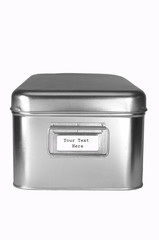 A metal storage box with blank label for text-path included.