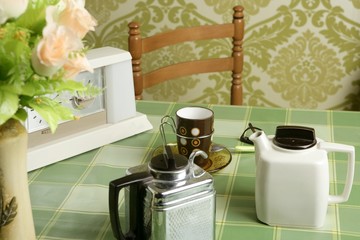 coffee machine retro kitchen green tablecloth