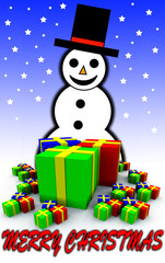 A snowman with a collection of Christmas presents.