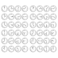 Roman Numeral Clocks Showing 12 Hours in 15 Minute Intervals