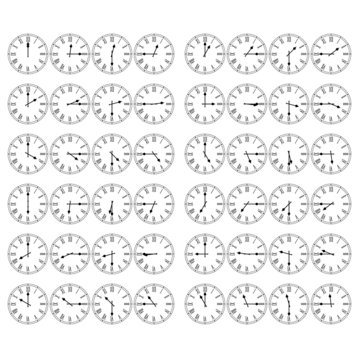 Roman Numeral Clocks Showing 12 Hours in 15 Minute Intervals