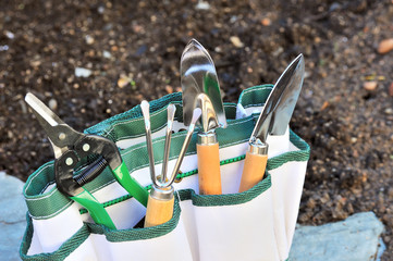 Detail of gardening tools in tool bag - outdoor.