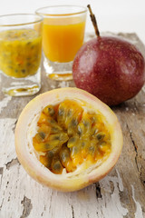shot of passionfruit on wood background