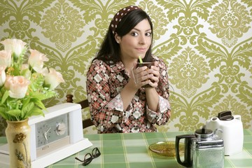Retro woman drinking cafe on wallpaper kitchen