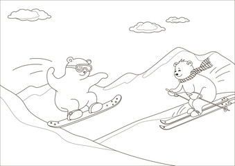 Teddy bears ski in mountains, contours