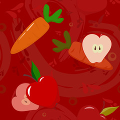 Apples and carrots on dark-red background