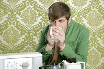 geek retro man drinking tea coffee vintage teapot