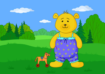 Teddy bear with toy horsy on glade