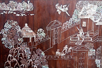 Thai style art on wall made from pearl shell