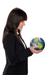 Young businesswoman holding the earth