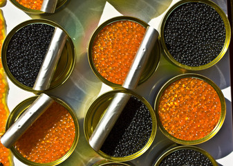 Tins with red and black caviar