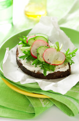 Sandwich with soft cheese ,radish and cucumber