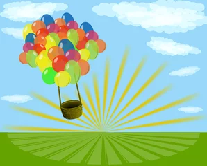 Fotobehang Kleurrijke ballonnen met een mand, vliegend over de groene weide © evgeniya_m