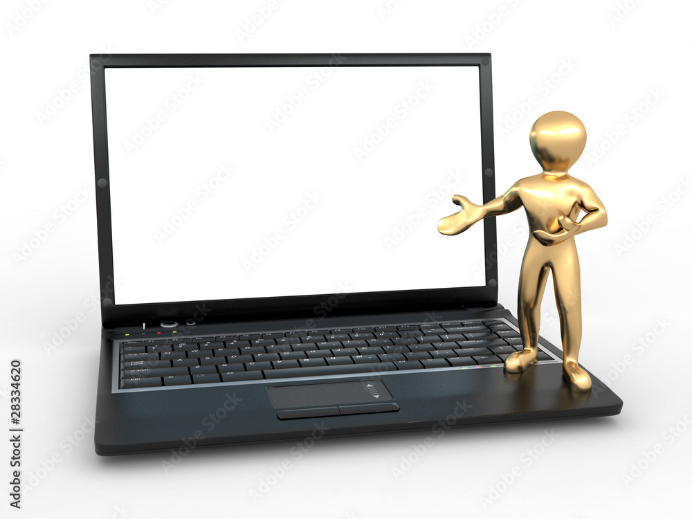 Poster man with laptop on white isolated background
