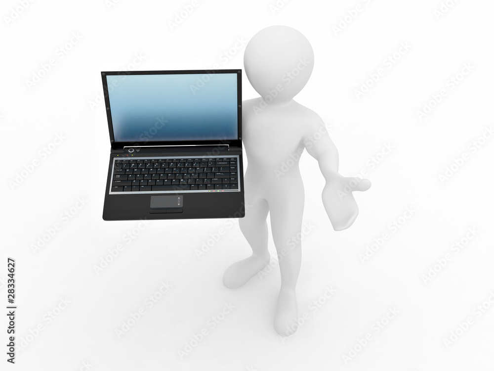 Poster man with laptop on white isolated background